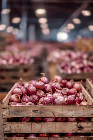 Red onions harvested in wooden boxes in a warehouse. Natural organic fruit abundance. Healthy and natural food storing and shipping concept.の素材