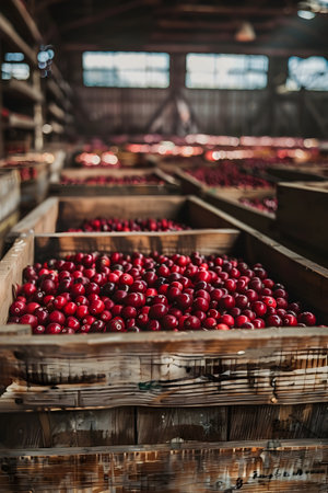Cranberries harvested in wooden boxes in a warehouse. Natural organic fruit abundance. Healthy and natural food storing and shipping concept.の素材