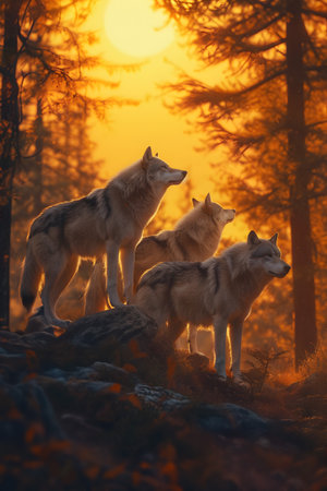 Wolf family in the forest with sunset. Group of wild animals in nature.の素材