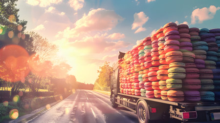 Cargo truck full of macarons on the road in the french countryside and sunset. Concept of high quality food products, cargo and shipping.の素材