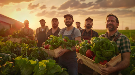 Group of farmers holding wooden boxes full of fresh vegetables standing in the field with sunset. Concept of healthy lifestyle, local farming and sustainability.の素材