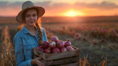 Beautiful young farmer woman holding a wooden box full of red onions vegetable standing in the field with sunset. Concept of healthy lifestyle, local farming and beauty.の素材
