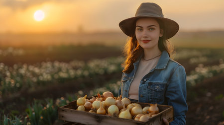 Beautiful young farmer woman holding a wooden box full of yellow onions vegetable standing in the field with sunset. Concept of healthy lifestyle, local farming and beauty.の素材