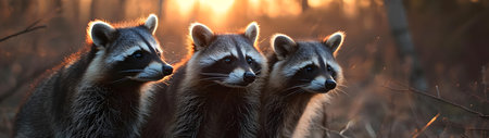 Racoon family in the forest with setting sun shining. Group of wild animals in nature. Horizontal, banner.の素材