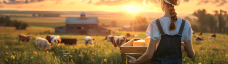 Beautiful young farmer woman holding a wooden box full of cheese products standing in the pasture with cows and sunset. Concept of high quality food products, local farming and beauty.の素材
