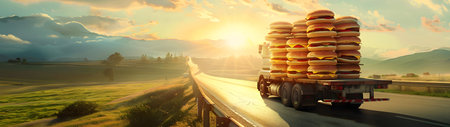 Cargo truck full of hamburgers on the road in the american countryside and sunset. Concept of high quality food products, cargo and shipping.の素材