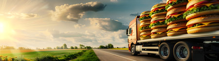 Truck with hamburgers on the background of the road and the sun.の素材