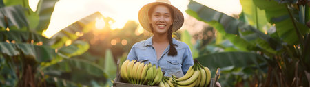 Beautiful young farmer woman holding a wooden box full of fresh banana fruits standing in the plantation with sunset. Concept of healthy lifestyle, local farming and beauty.の素材