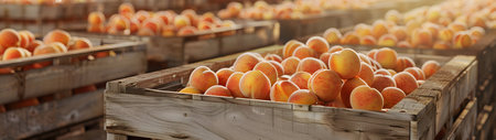 Peaches harvested in wooden boxes in a warehouse. Natural organic fruit abundance. Healthy and natural food storing and shipping concept.の素材