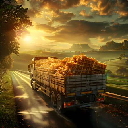 Cargo truck full of waffles on the road in the french countryside and sunset. Concept of high quality food products, cargo and shipping.の素材