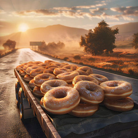 Donuts on the road in Tuscany, Italy at sunsetの素材