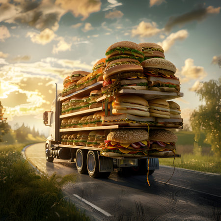 Truck with hamburgers on the road. 3d renderingの素材