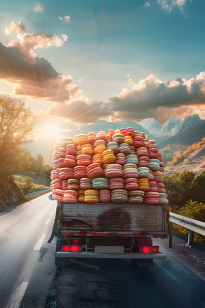 Cargo truck full of macarons on the road in the french countryside and sunset. Concept of high quality food products, cargo and shipping.の素材