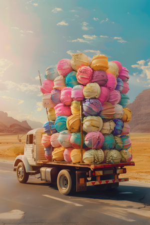 Cargo truck full of ice creams on the road in the summer countryside. Concept of high quality food products, summer refreshment, cargo and shipping.の素材