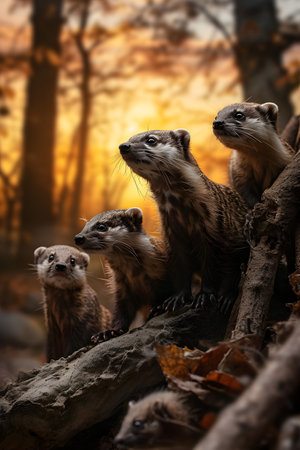 Polecat family in the forest with setting sun shining. Group of wild animals in nature.の素材