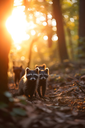 Racoon dog family in the forest with setting sun shining. Group of wild animals in nature.の素材