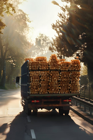 Cargo truck full of waffles on the road in the french countryside and sunset. Concept of high quality food products, cargo and shipping.の素材