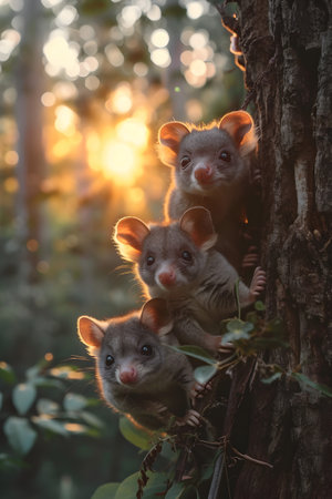 Possum family in the forest with setting sun shining. Group of wild animals in nature.の素材