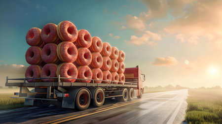 Truck with donuts on the road at sunset.の素材
