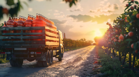 Cargo truck carrying bottles with peach juice in an orchard with sunset. Concept of food and drink production, transportation, cargo and shipping.の素材