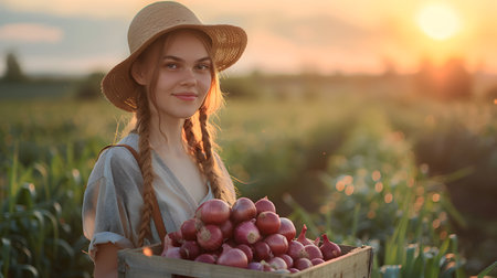 Beautiful young farmer woman holding a wooden box full of red onions vegetable standing in the field with sunset. Concept of healthy lifestyle, local farming and beauty.の素材