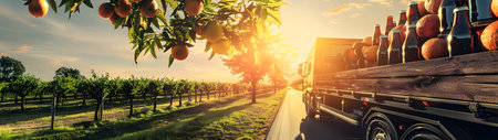 Cargo truck carrying bottles with orange juice in an orchard with sunset. Concept of food and drink production, transportation, cargo and shipping.の素材