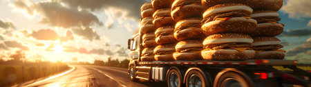Cargo truck full of hamburgers on the road in the american countryside and sunset. Concept of high quality food products, cargo and shipping.の素材