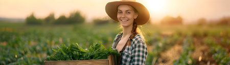 Beautiful young farmer woman holding a wooden box full of fresh celery standing in the field with sunset. Concept of healthy lifestyle, local farming and beauty.の素材