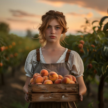 Beautiful young farmer woman holding a wooden box full of peach fruits standing in the field with sunset. Concept of healthy lifestyle, local farming and beauty.の素材