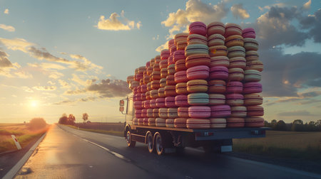 Cargo truck full of macarons on the road in the french countryside and sunset. Concept of high quality food products, cargo and shipping.の素材