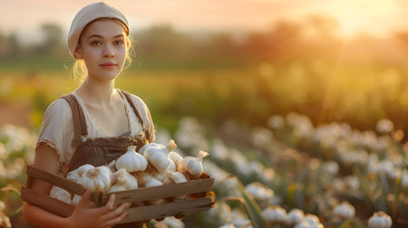 Beautiful young farmer woman holding a wooden box full of fresh celery standing in the field with sunset. Concept of healthy lifestyle, local farming and beauty.の素材