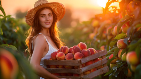 Beautiful young farmer woman holding a wooden box full of peach fruits standing in the field with sunset. Concept of healthy lifestyle, local farming and beauty.の素材