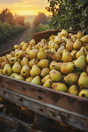 Cargo truck carrying yellow pear fruit in an orchard with sunset. Concept of food production, transportation, cargo and shipping.の素材