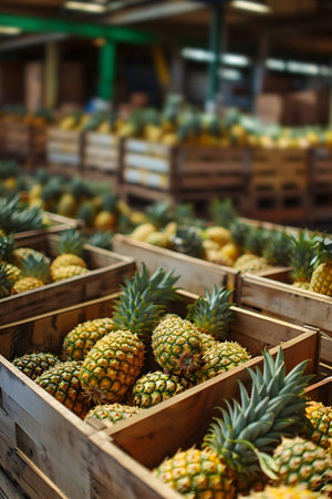 Pineapple bunches harvested in wooden boxes in a warehouse. Natural organic fruit abundance. Healthy and natural food storing and shipping concept.の素材