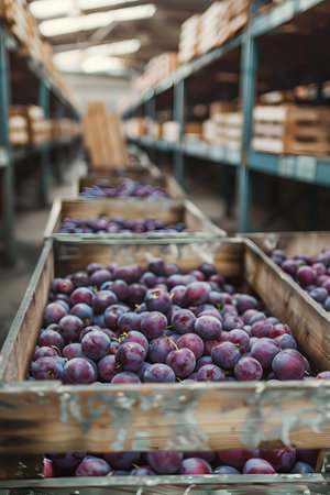 Round plums harvested in wooden boxes in a warehouse. Natural organic fruit abundance. Healthy and natural food storing and shipping concept.の素材