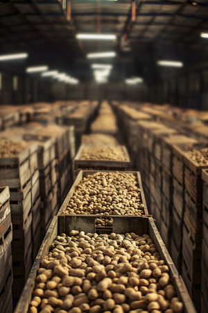 Peanuts harvested in wooden boxes in a warehouse. Natural organic fruit abundance. Healthy and natural food storing and shipping concept.の素材