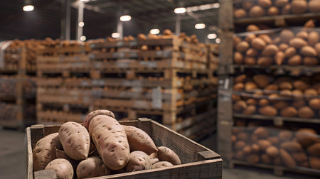 Sweet potatoes harvested in wooden boxes in a warehouse. Natural organic fruit abundance. Healthy and natural food storing and shipping concept.の素材