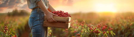 Beautiful young farmer woman holding a wooden box full of cranberry fruit standing in the field with sunset. Concept of healthy lifestyle, local farming and beauty.の素材
