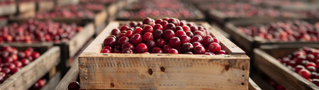 Cranberries harvested in wooden boxes in a warehouse. Natural organic fruit abundance. Healthy and natural food storing and shipping concept.の素材