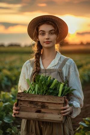 Beautiful young farmer woman holding a wooden box full of fresh celery standing in the field with sunset. Concept of healthy lifestyle, local farming and beauty.の素材