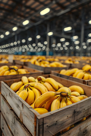 Banana bunches harvested in wooden boxes in a warehouse. Natural organic fruit abundance. Healthy and natural food storing and shipping concept.の素材