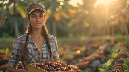 Beautiful young farmer woman holding a wooden box full of date fruits standing in the field with sunset. Concept of healthy lifestyle, local farming and beauty.の素材