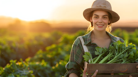 Beautiful young farmer woman holding a wooden box full of fresh celery standing in the field with sunset. Concept of healthy lifestyle, local farming and beauty.の素材