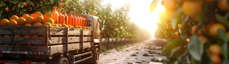 Cargo truck carrying bottles with grapefruit juice in an orchard with sunset. Concept of food and drink production, transportation, cargo and shipping.の素材