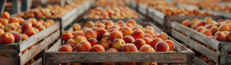 Peaches harvested in wooden boxes in a warehouse. Natural organic fruit abundance. Healthy and natural food storing and shipping concept.の素材
