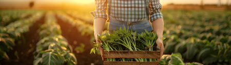 Beautiful young farmer woman holding a wooden box full of fresh celery standing in the field with sunset. Concept of healthy lifestyle, local farming and beauty.の素材