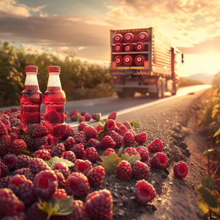 Cargo truck carrying bottles with raspberry juice in an orchard with sunset. Concept of food and drink production, transportation, cargo and shipping.の素材