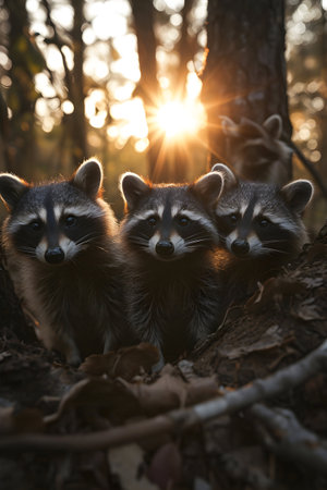 Racoon dog family in the forest with setting sun shining. Group of wild animals in nature.の素材