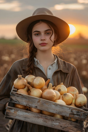 Beautiful young farmer woman holding a wooden box full of yellow onions vegetable standing in the field with sunset. Concept of healthy lifestyle, local farming and beauty.の素材
