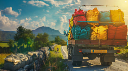 Cargo truck full of colorful bags on the road in the countryside and sunset.の素材